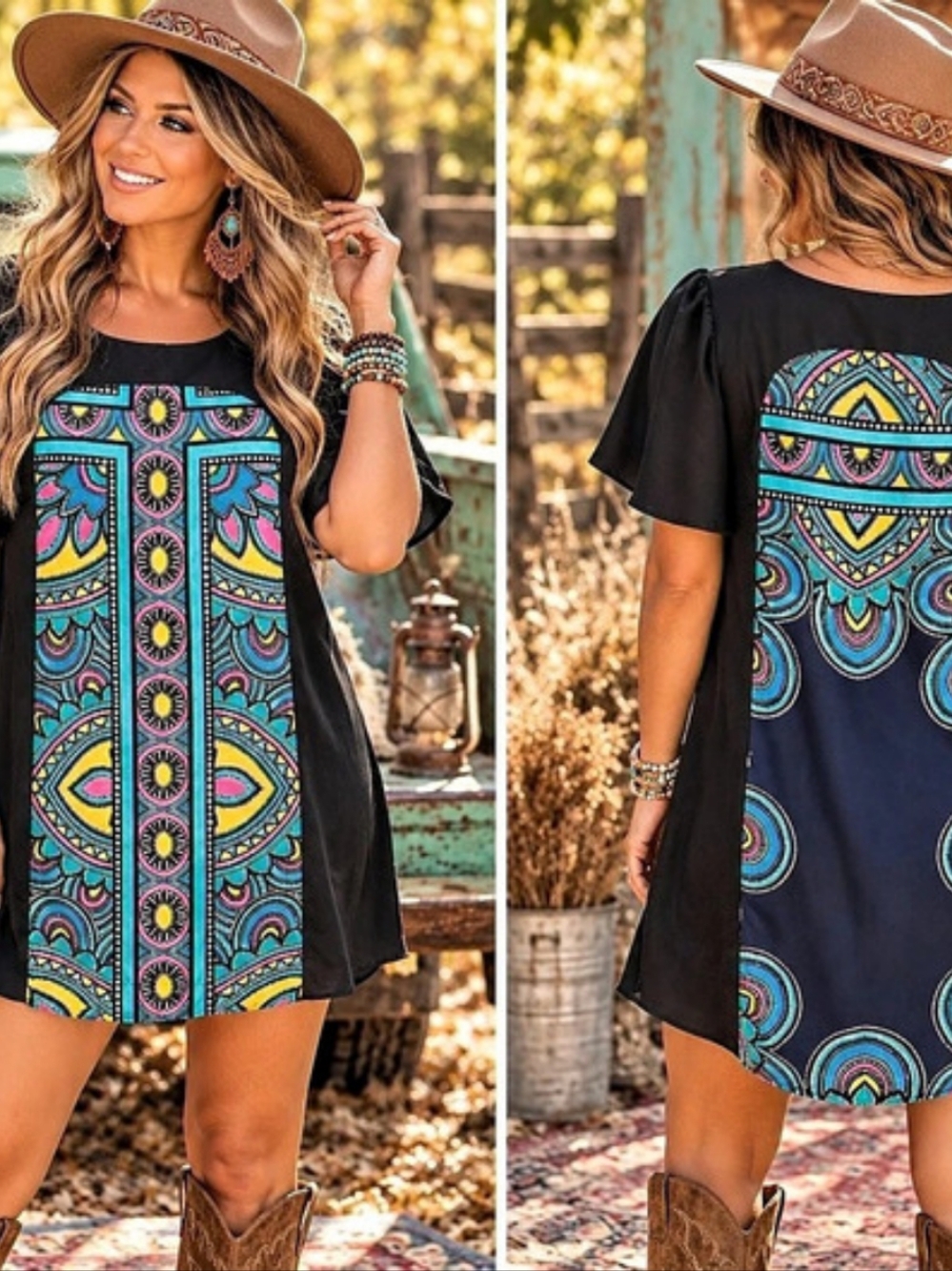 FARM Rio Size P Geometric Mini Dress in Black & Blue